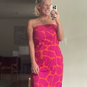 Tibi Size 10 Strapless Pink and Orange Animal Print Dress Beaded Giraffe Fun!